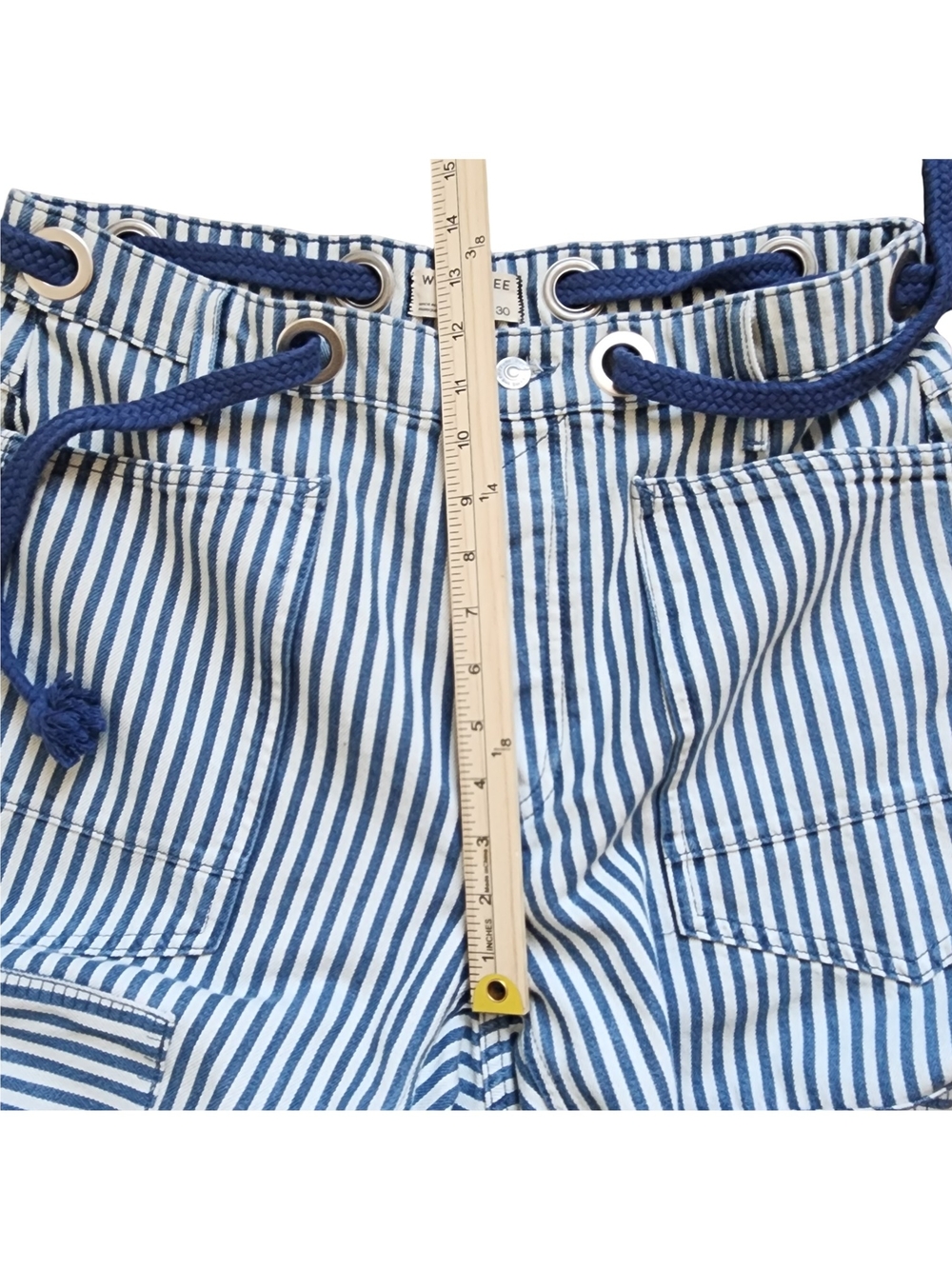 Free People Moxie Railroad Low-Slung Jeans Blue Stripe Patchwork Utility Size 30 - Picture 10 of 16